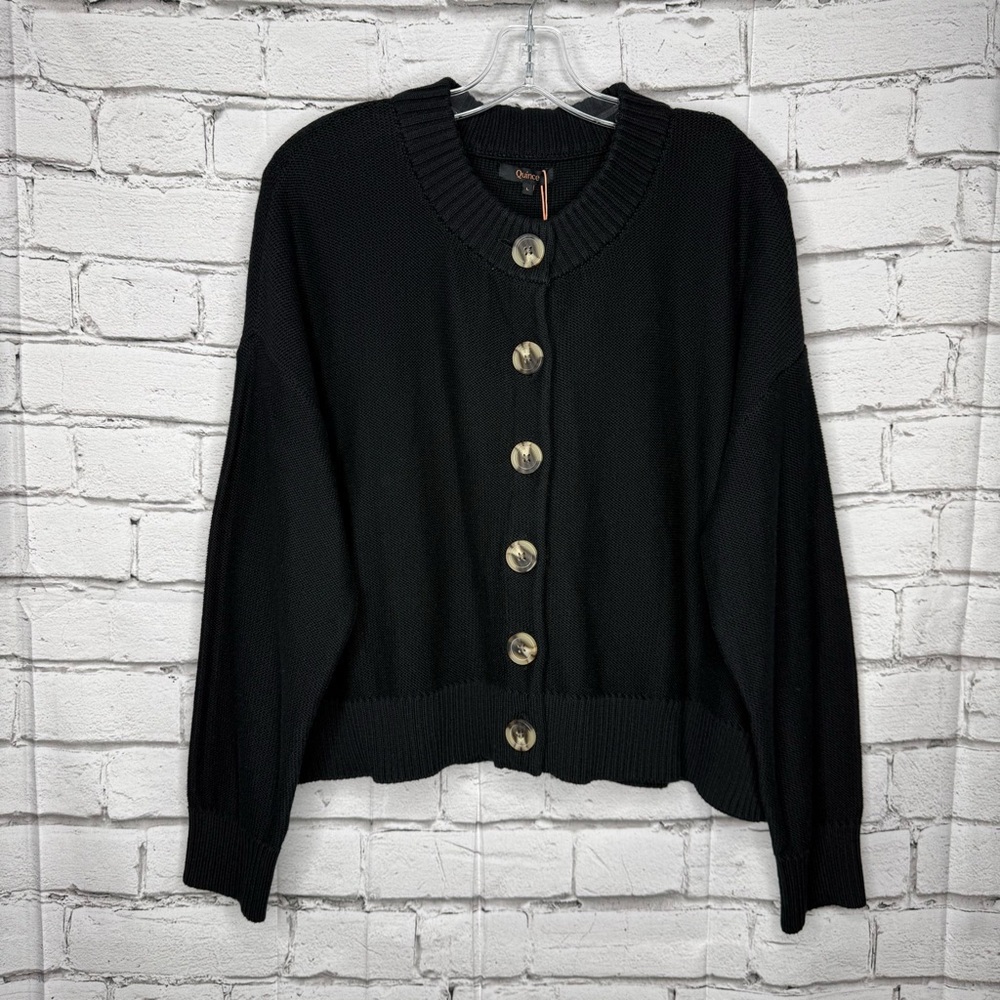 NWT Quince Womens 100% Organic Cotton Cropped Cardigan Size L Black Boxy Buttons